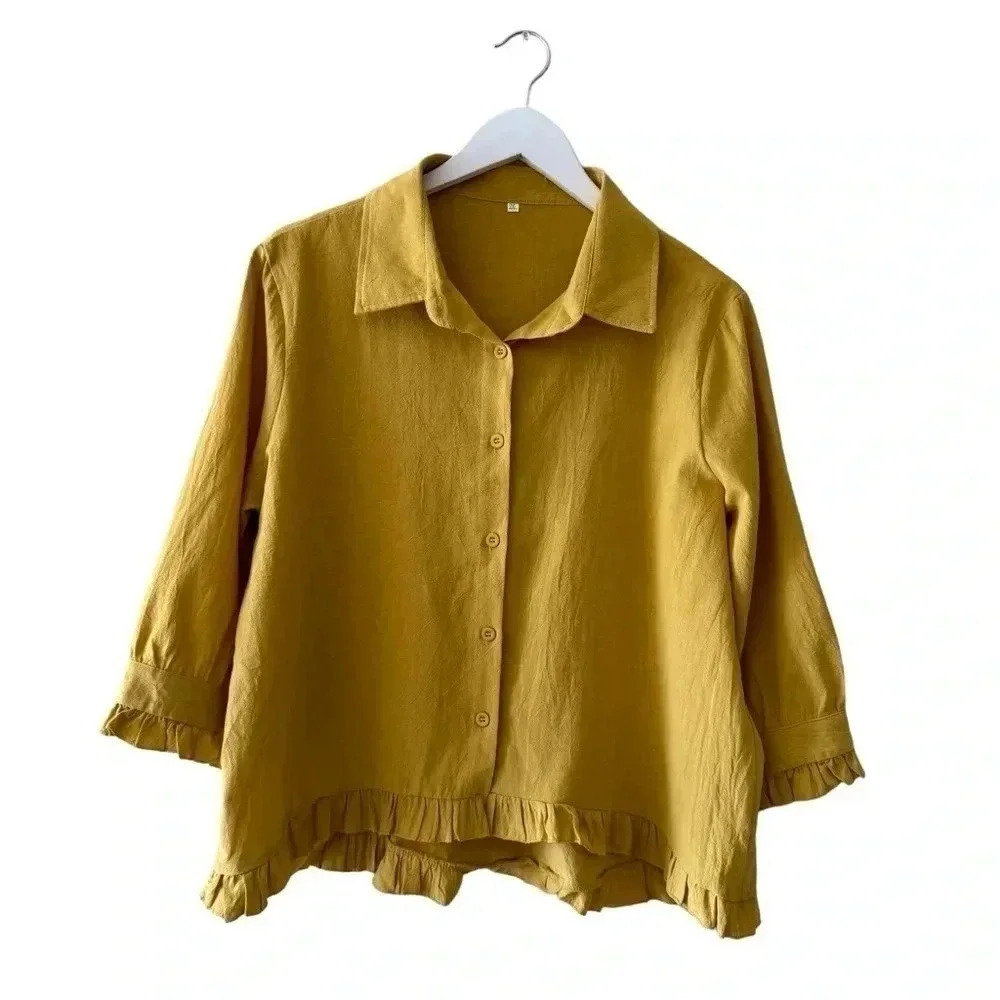 Women Button Down Mustard Cotton Soft Ruffles Collar Long Sleeves Top 2XL #1975